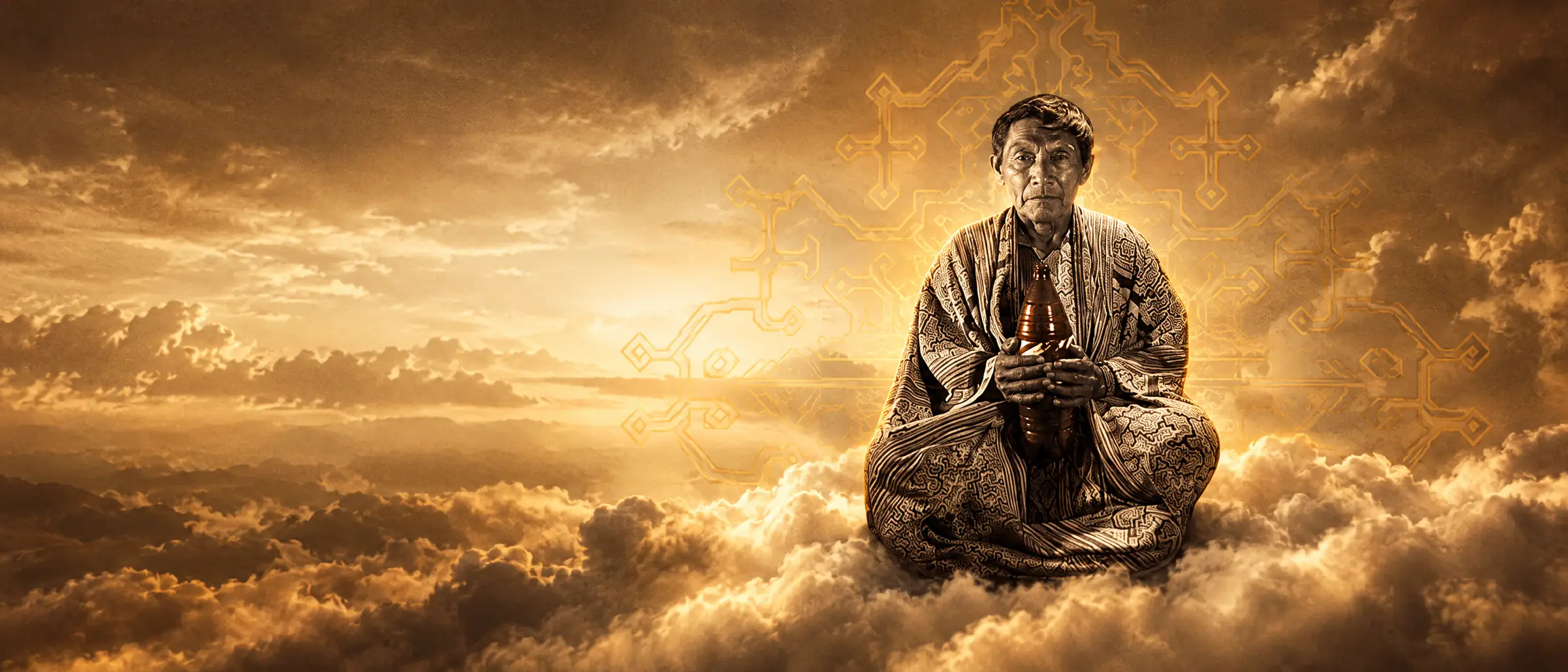Shipibo healer seated on clouds with a golden kené pattern behind him